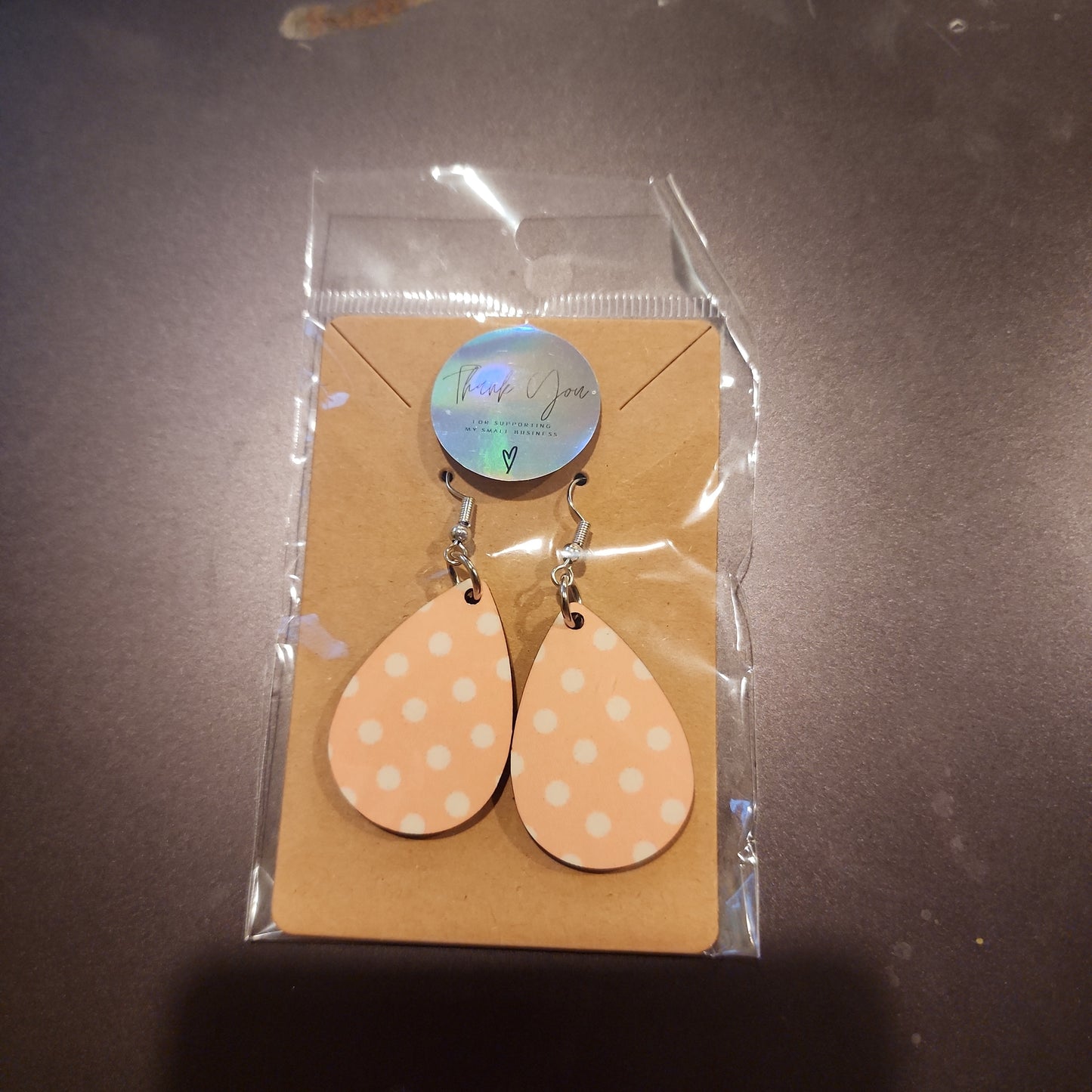 Pink and white polka dot teardrop earrings